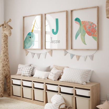 Sea animal nursery print set of 3, personalised monogram wall art for children, bright and bold gender neutral decor for kids