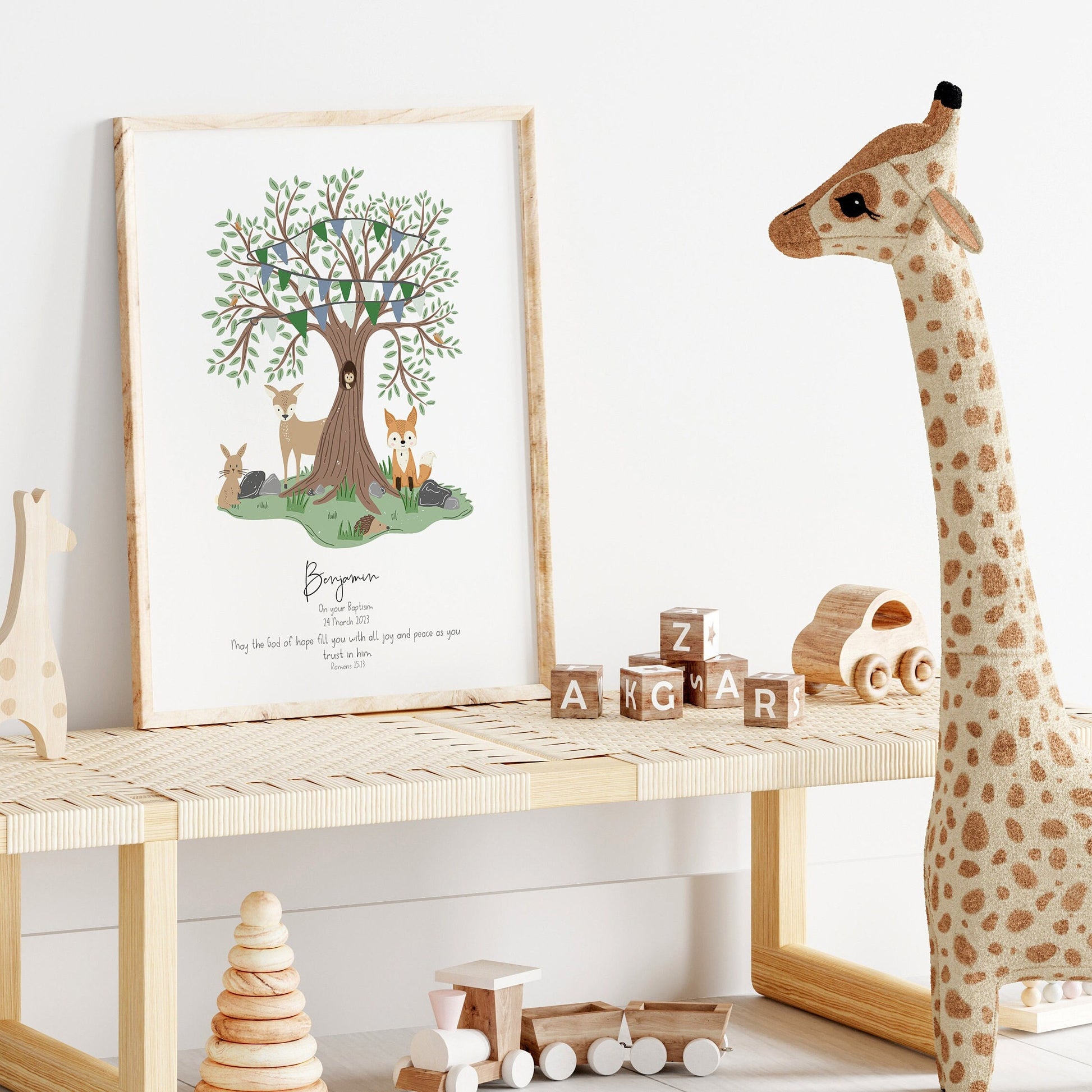 Woodland animal nursery print, new baby christening gift, bible verse nursery wall art, child's dedication gift
