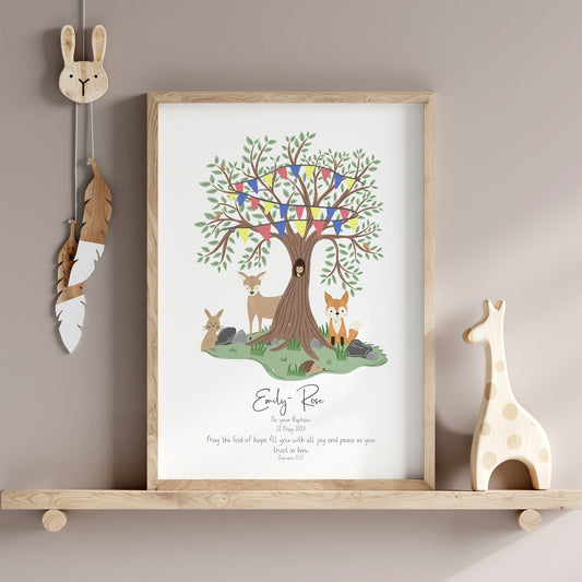 Woodland animal nursery print, new baby christening gift, bible verse nursery wall art, child's dedication gift