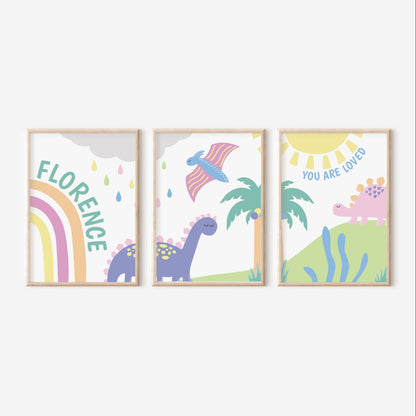 Girls dinosaur nursery print set of 3, custom rainbow dinosaur wall art, pastel dino panoramic decor, little girls personalised print