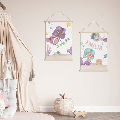 Pink and purple personalised mermaid nursery print set, little girls bedroom decor, fairytale mermaid wall art
