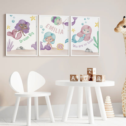 Pink and purple personalised mermaid nursery print set, little girls bedroom decor, fairytale mermaid wall art