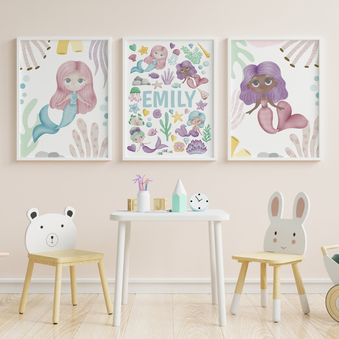 Pink mermaid nursery print set of 3, purple ocean nursery decor with name, girls toddler bedroom decor, whimsical wall art, playroom poster