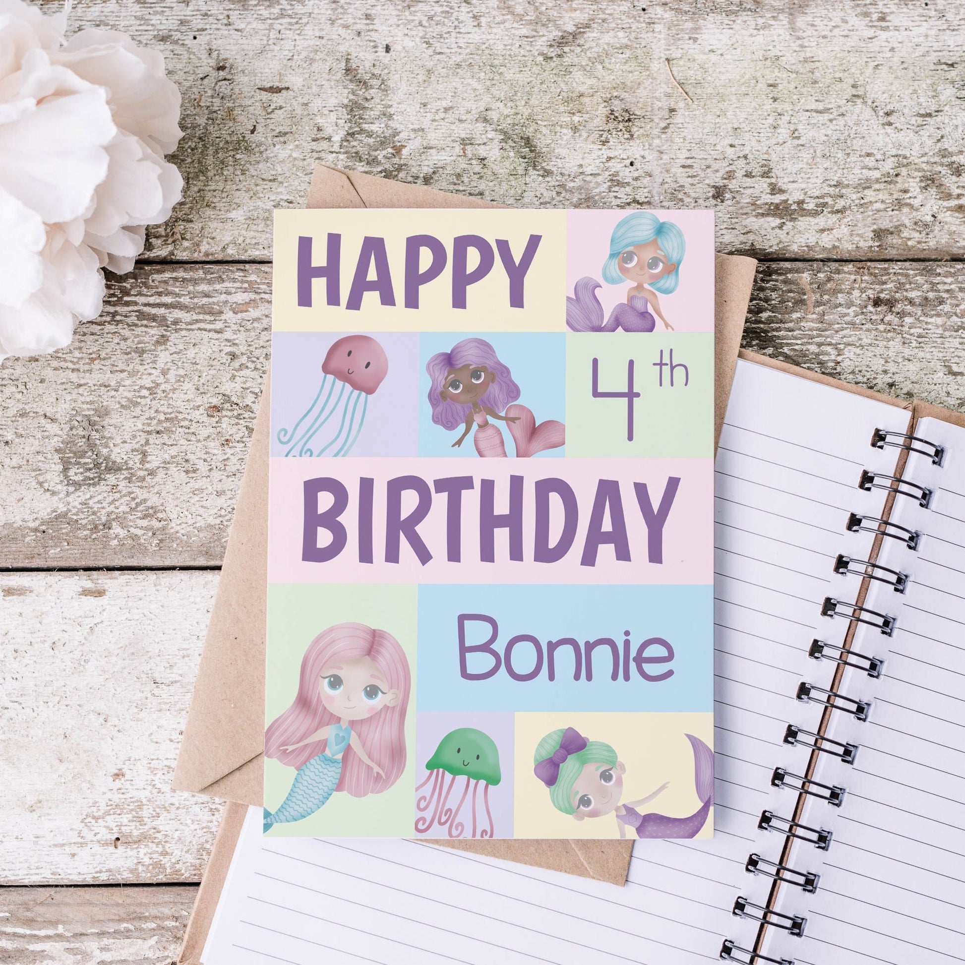 Personalised Mermaid Birthday Card, Pink Greetings card for little girl, 1st birthday card, Daughter birthday card