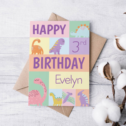 Personalised Dinosaur Birthday Card, Pink Greetings card for little girl, 1st birthday card, Daughter birthday card