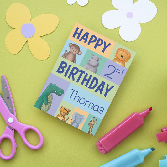 Personalised Safari Birthday Card, Gender neutral card for kids, 1st birthday card, Zoo themed animal card