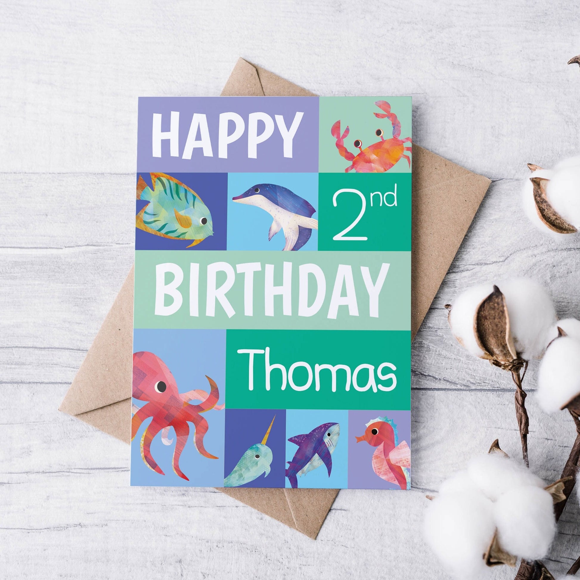 Personalised Ocean Animal Birthday Card, Bright greetings card for children, 1st birthday card, under the sea themed card