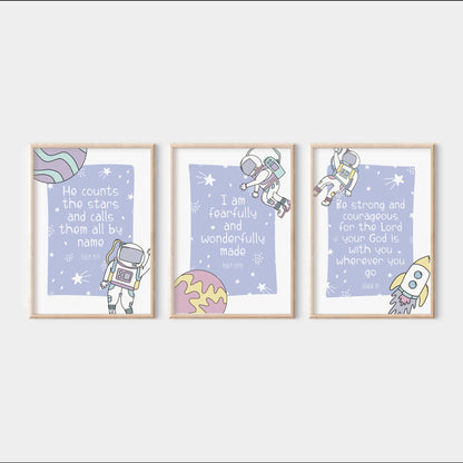 Space Bible Verse Print Set of 3, Outer space nursery prints, girls pink bedroom decor, christian wall art, counts the stars poster