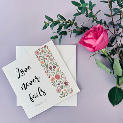 Christian Valentines Day Card, Love Never Fails Bible Verse Encouragement Card, Floral Card for Her