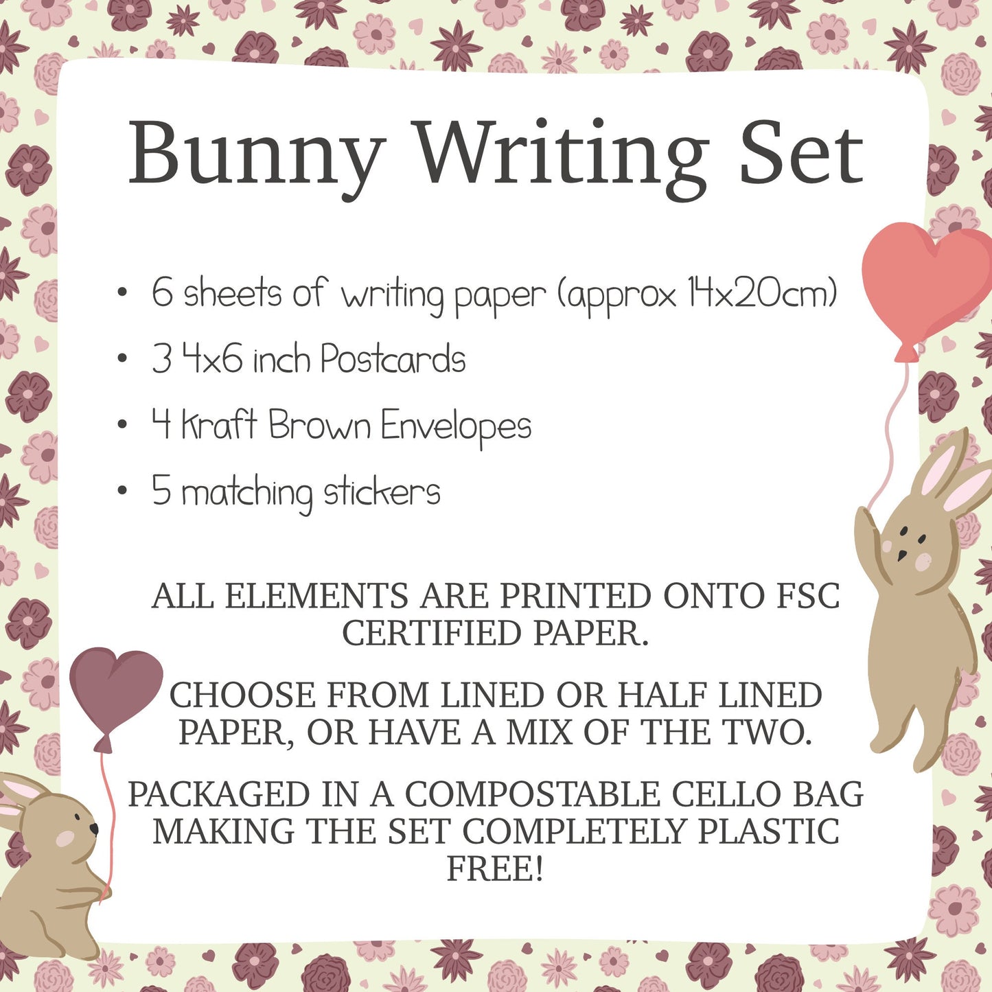 Bunny Rabbit Writing Set For Children, Cute Valentines Activity For Kids, Personalised Notecard Set