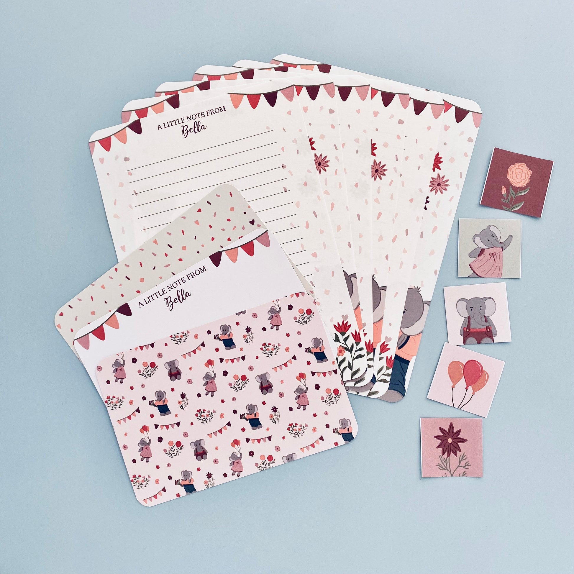 Elephant themed Writing Set For Children, Cute Valentines Activity For Kids, Personalised Notecard Set