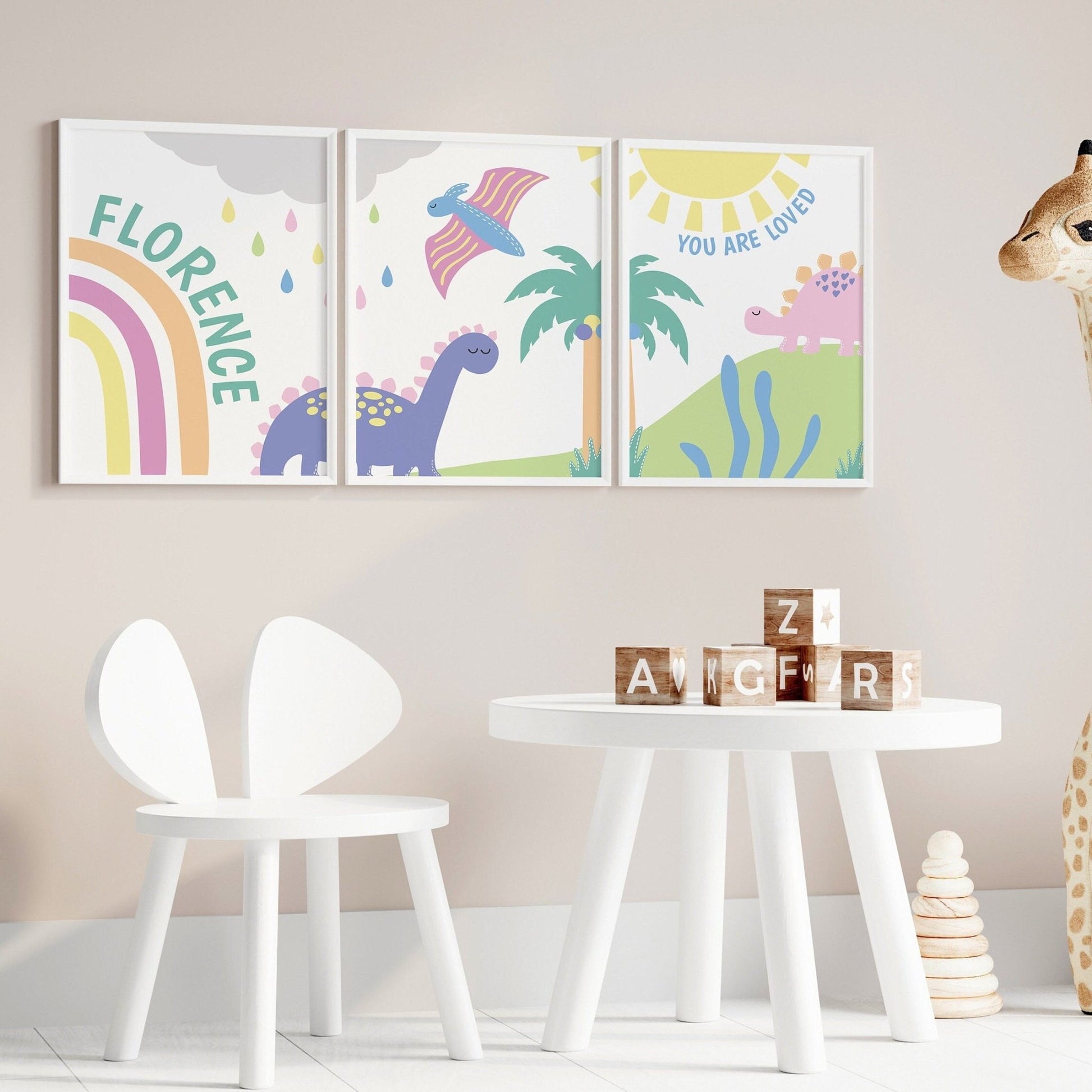 Pastel Rainbow Panoramic Dinosaur Print Set - Dolly and Fred Designs