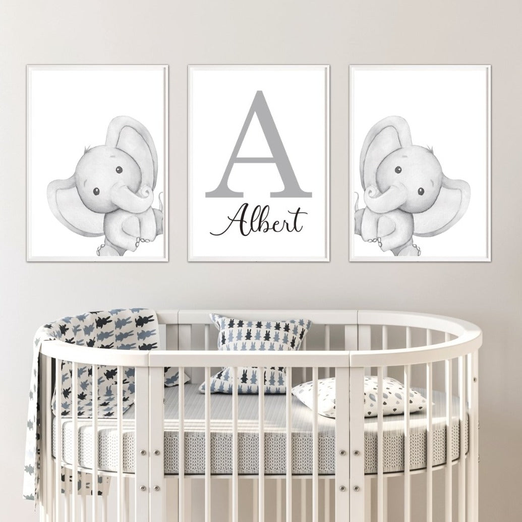 Personalised Elephant Nursery Print Set - Dolly and Fred Designs