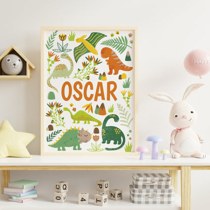 Personalised green dinosaur nursery print set of 3 - Dolly and Fred Designs