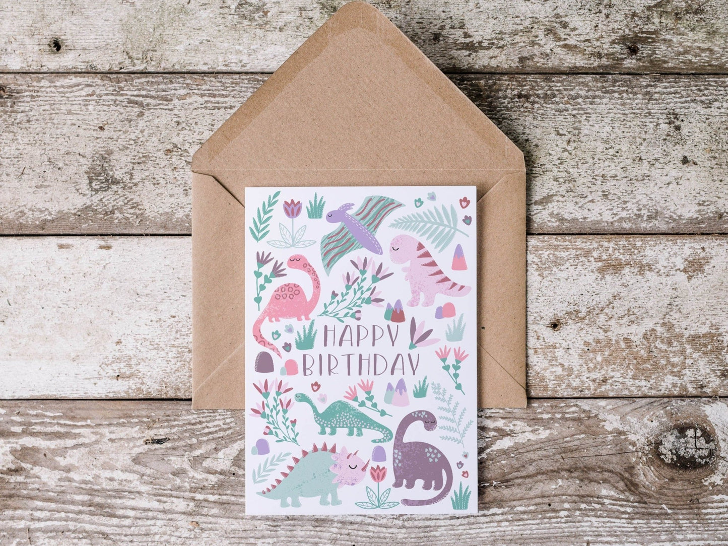 Pink Dinosaur Birthday Card - Dolly and Fred Designs