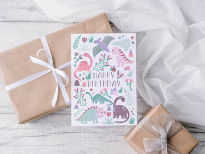 Pink Dinosaur Birthday Card - Dolly and Fred Designs