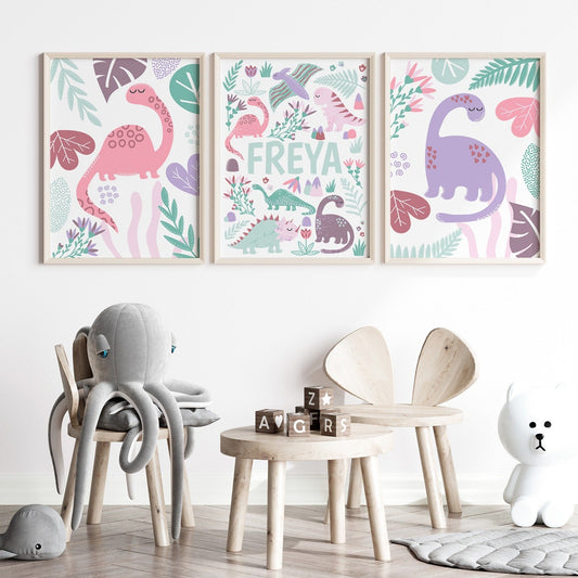 Pink Dinosaur Nursery Print Set of 3 - Dolly and Fred Designs