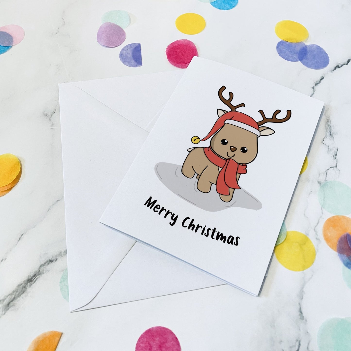 Reindeer in a hat christmas card - Dolly and Fred Designs