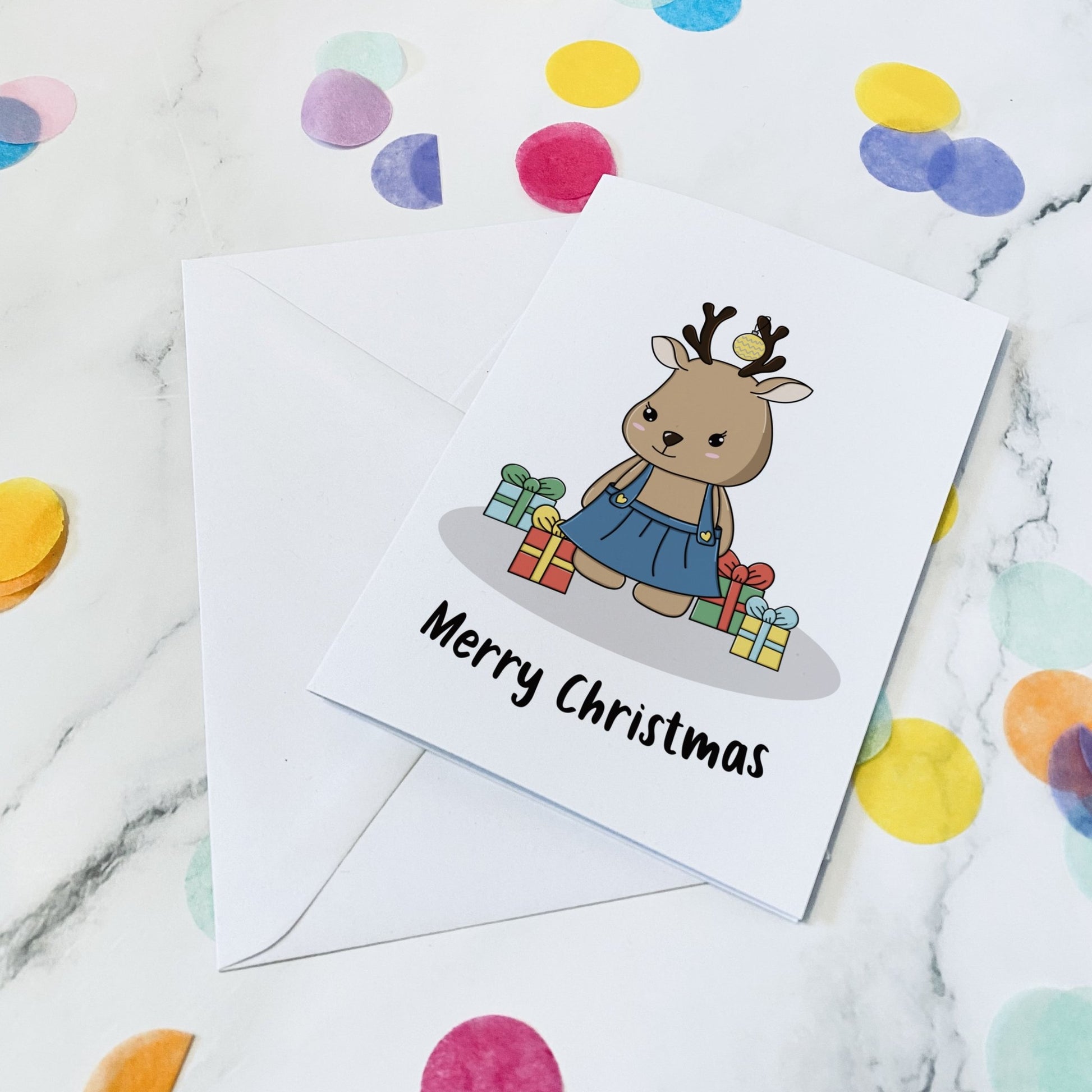 Reindeer with presents christmas card - Dolly and Fred Designs