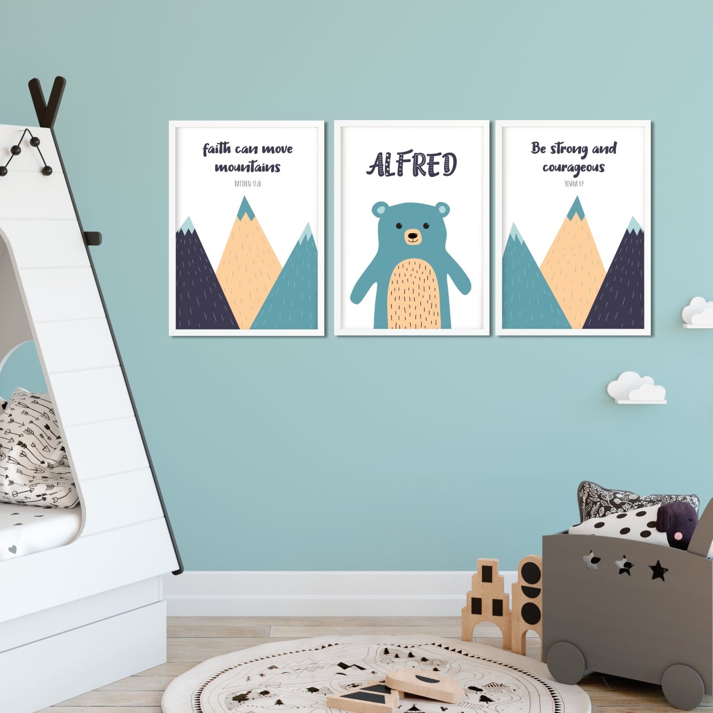 Set of three scandi mountains scripture prints - Dolly and Fred Designs