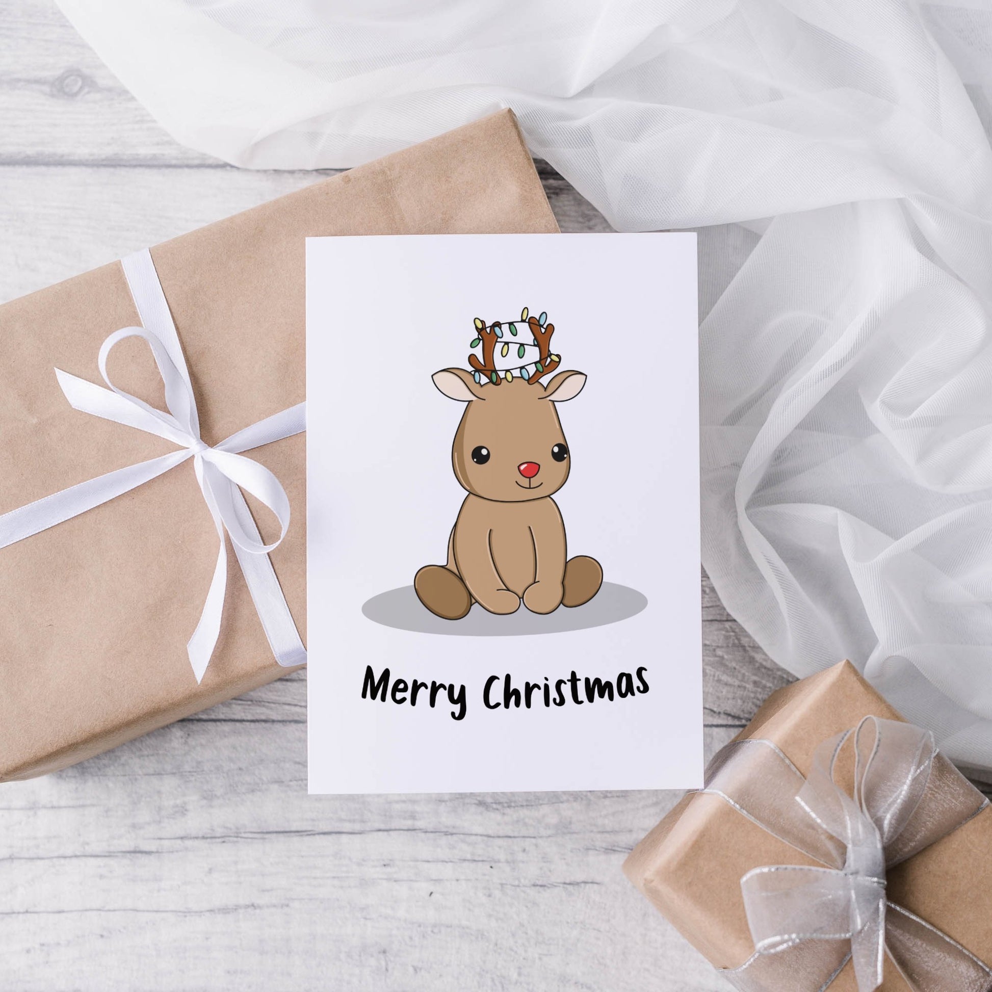 Sitting reindeer christmas card - Dolly and Fred Designs