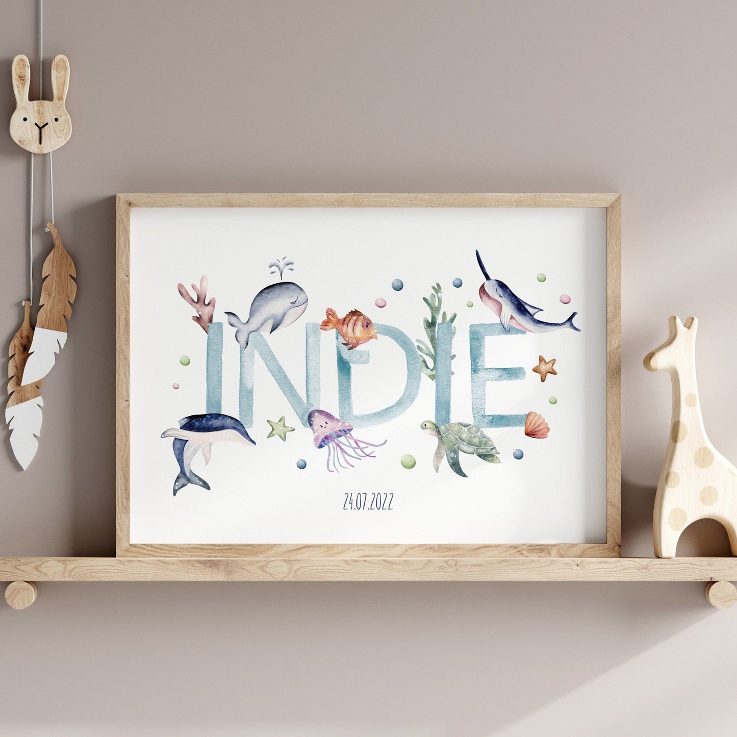 Watercolour Ocean Name print - Dolly and Fred Designs
